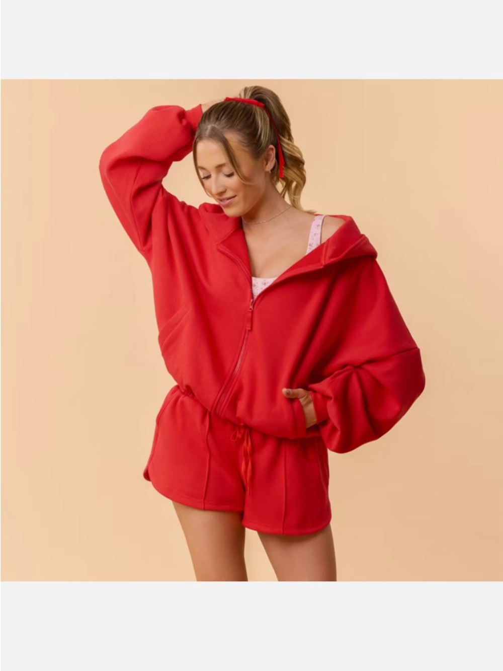 New red Women's Marshmallow Full Zip Hooded Sweatshirt - Blogilates size M
